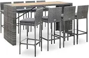 vidaXL Grey Outdoor Bar Set – 9 Piece Poly Rattan and Solid Acacia Wood Table and Chairs Patio Set – Water-Resistant and with Removable, Easy-to-Clean and Washable Cushions
