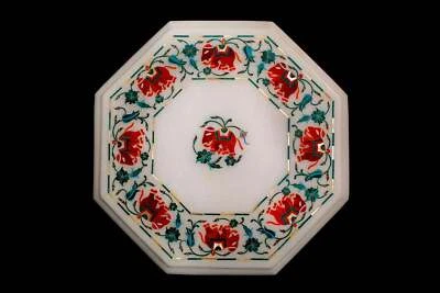 12" White Marble Coffee Table Top Pietra Dure Art Multi Stones Inlay Elephant