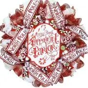 Christmas Wreath Mrs Claus Peppermint Parlor Handmade Deco Mesh