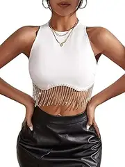 [Generic] Women Rhinestone Fringe Crop Top Sparkly Tassel Square Neck Ribbed Cute Cropped Tank Tops