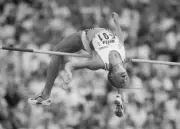 Gold medalist Hanne Haugland from Norway clears the bar in the Wom- Old Photo