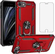 Asuwish Phone Case for iPhone SE 2022/SE 2020/iPhone SE3 with Tempered Glass Screen Protector Cover Stand Ring Holder Hard Magnetic Cell Accessories Kickstand SE 2nd gen/SE 3rd gen Women Men Red