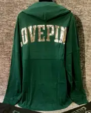Victoria's Secret Pink Bling Varsity Hoodie Tee Shirt Green Garden Silver L NWT
