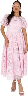 [Maya Deluxe] Women's Midaxi Dress Ladies Floral Lace Round Neck Short Puff Sleeves Lace-up Back A-line Wedding Guest Prom Occasion