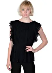 Wendy Katlen Women's Flutter Sleeve Pleated Ruffle Dress Black