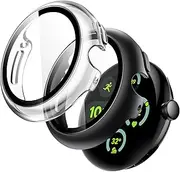 [JETech] Case with Screen Protector for Google Pixel Watch 3/2/1 41mm, Built-in 9H Tempered Glass Film Hard PC Bumper Full Coverage Protective Cover, 2-Pack (Black/Clear)