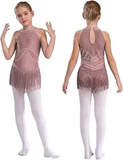 [Hedmy] Kids Girls Rhinestones Latin Dance Dress Fringed Leotard Tassels Sheer Mesh Patchwork Bodysuit Dancewear