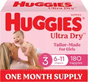 Ultra Dry Nappies Girls Size 3 (6-11Kg) 180 Count - One Month Supply (Packaging