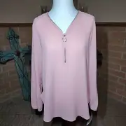 NWT Valerie Stevens Pink Tunic Top w/ 1/4 Zip Balloon Sleeves Size S