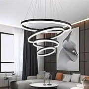 BAMDECOR Modern LED Chandelier, Dimmable Pendant Light with Remote Control Rings Round Ceiling Lighting Fixture 3 Color Temperatures Contemporary Chandeliers (4 Rings-Black)