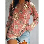 Women's T Shirt Graphic Geometry Vintage Stylish Classic Long Sleeve V Neck Regular Tops Daily Weekend Print Light Green Pink Blue Orange Green Spring Fall