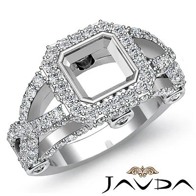 Diamond Engagement Ring Asscher Semi Mount 18k White Gold Halo Setting 1.4Ct