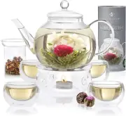Teabloom Complete Tea Set – Glass Teapot (40 Oz), Loose Tea Glass Infuser, 4 Ins