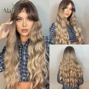 Light Brown Wig with Bangs Brown Ombre Long Wavy Wig Synthetic WigNatural Daily