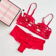 34C SMALL Victoria’s Secret red harness unlined balconet bra set cheeky panties