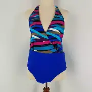 Target Ladies 12 Blue Striped Plunge One Piece Bathers Swim Halter Neck New Tags