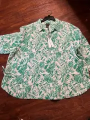 NWT Nicole Miller 100% Linen Pul Over Top 3/4 slve Tunic Top Blouse Green Wht 3X