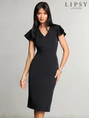 Lipsy Black Petite V-Neck Smart Flutter Sleeve Midi Dress (AN8558) | $113