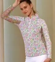 NWT Ladies IBKUL Lola Pineapple Multi Long Sleeve Mock Golf Shirt S M L XL