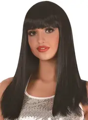 Long Black Womens Wig With Front Fringe
