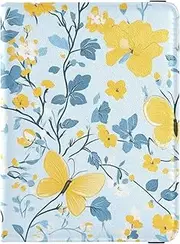 [Amooorous] Multi-small Flowers Butterflies Yellow and Light Blue Leather decorative Passport and Vaccine Card Wallet Combo Vaccine Case Protector Cover Passport Cover Holder Wallet Case Ultra Slim, multi-small