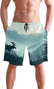 [XYMZR] Men's Swim Trunks Silhouette Elk Mountains Quick-Dry Bathing Suit Swimming Board Shorts S