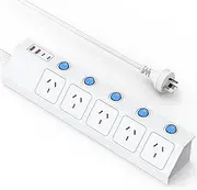 Power Board Surge Protected with Individual Switch, Powerboard with 5 AC Outlets 4 USB Ports (2 USB C), 1700J Surge Protector, 1.5M Extension Cord for Home and Office, White