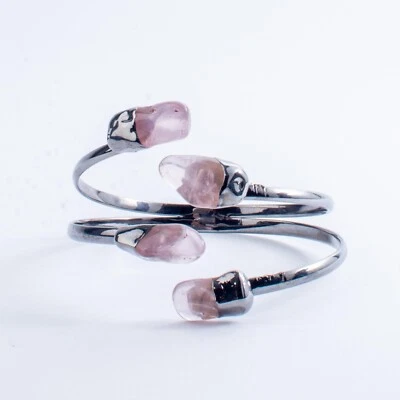Rose Quartz Bangle Bracelet Layered Pink Crystal Titanium Metal Size Adjustable