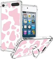 OOK Compatible with iPod Touch 7/6/5 Generation Case Ring Holder for Girls Woman,Soft TPU Bumper PC Back Shockproof Protective Case-Pink Cow