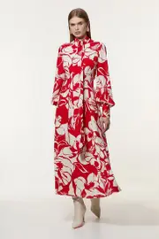 Petite Printed Tie Neck Woven Maxi Dress