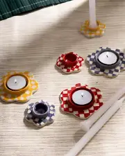 Tea Light and Candle Holder Set: Geometrically designed bright colors (set of 6)
