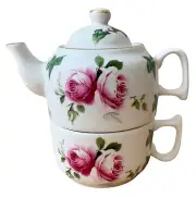 Heirloom Fine Bone China Single Serving RoseTeapot & Cup Set Made in England New