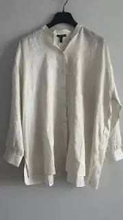 NWT $288 Eileen Fisher BONE Washed Silk Tussah Mandarin Collar Boxy Shirt XL