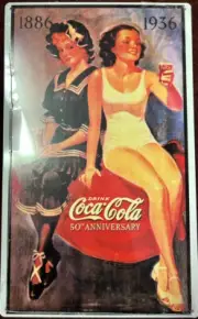 Coke 50th Anniversary Rectangle with 2 Ladies Sitting on Coke Emblem Advertising