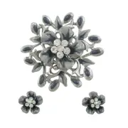 Gray Enamel and Crystal Floral Spray Pin and Earring Set - PRL913BS