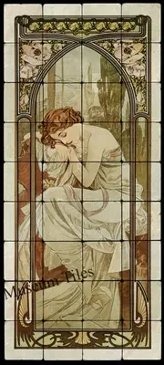 16x36 Alphonse Mucha La Nuit Art Nouveau Tumbled Marble Tiles