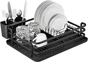 Dish Drying Rack, Rustproof Dish Rack and Drainboard Set with Drainage, Utensil Holder, Cup Holder, Compact Dish Drainer for Kitchen Counter, Black
