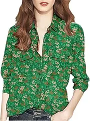 [Generic] Women's High Street Retro Style Printed Shirt with Polo Collar Long Sleeve Shirt