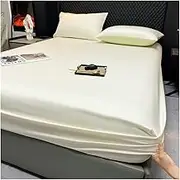 Satin Fitted Sheet Soft 10" Deep Pocket Bottom Bed Sheets Silky Soft and Cool Ice Silk Elastic Sheets Twin Small Double Queen Super King(Beige,90x200cm+48x74cm x1)
