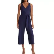 Sam Edelman Tie Waist Crop Wide Leg Jumpsuit Womens Size 10 Navy Blue