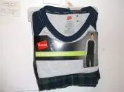 NEW MEN'S HANES L/S REGLAN TOP & FLANNEL PANT PJ SET in GREY & GREEN BLACK PLAID