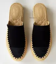 NEW CHANEL BLACK SUEDE LEATHER GROSGRAIN ESPADRILLES FLATS MULES SANDALS 37