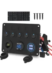 5 Gang Rocker Switch Panel with USB Charger Digital Voltmeter & 12V Meter