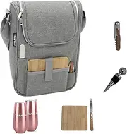 [Plush Picnic] Insulated Travel Wine Tote Bag: Portable 2 Bottle Wine and Cheese Waterproof Black Canvas Carrier Bag Set with Picnic Backpack Kit - Wine Opener Wine Stopper Wooden Cheese Board and Knife Included