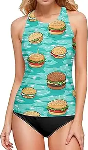 [AIXIWAWA] Women's Tankini Tops-Cartoon Hamburger, Swimsuit Top for Beach Pool Vacation S