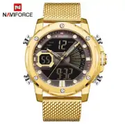 NAVIFORCE Mens Watches Gold Meshband Luxury Wristwatch LED Digital Sport Watch