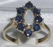 Solid 18k Yellow Gold Natural Opal & Sapphire Womens Cluster Ring