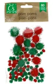 New Christmas Colored Glitter POM POMS Red Green 1/4" to 1" 80/Pk ~ Qty 1