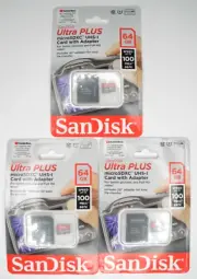 NEW Lot Of 3x SanDisk Ultra Plus 64GB MicroSDXC I V10 A1 Class 10 Memory Cards