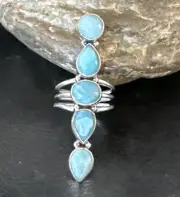WoMens Cluster Blue Larimar Navajo Sterling Silver Ring Size 7.5 16152